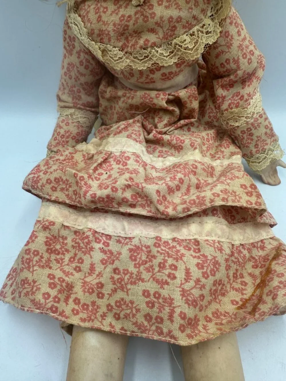 Antique Porcelain Doll With Floral Dress Blonde Hair & Lace Accents